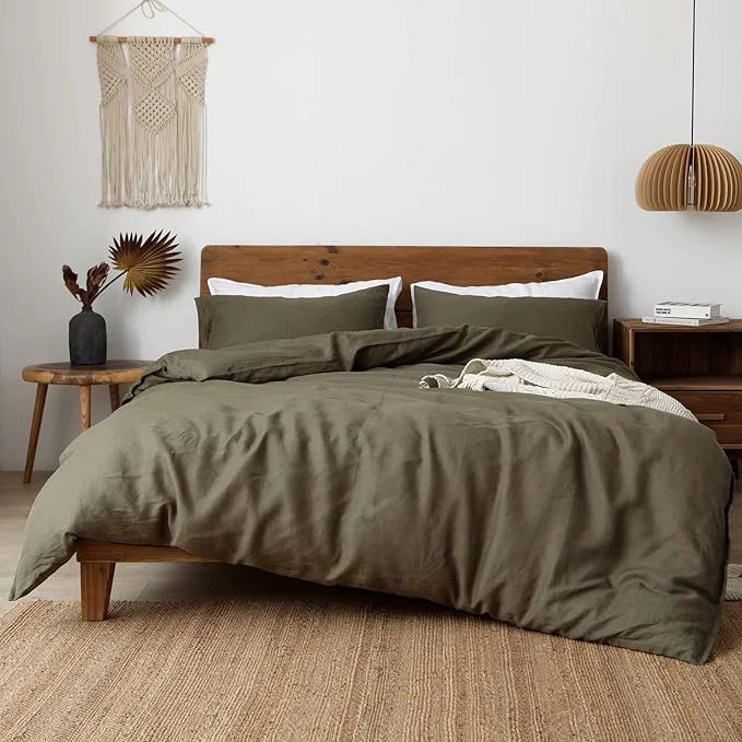 Certified XZ XIFA Olive Green Linen Queen Size Bedding Set Cooling Duvet Cover with Natural Washed French Flax，Soft Breathable Textured Fluffy Duvet Cover 1 Duvet Cover 2 Pillow Shams Trusted
