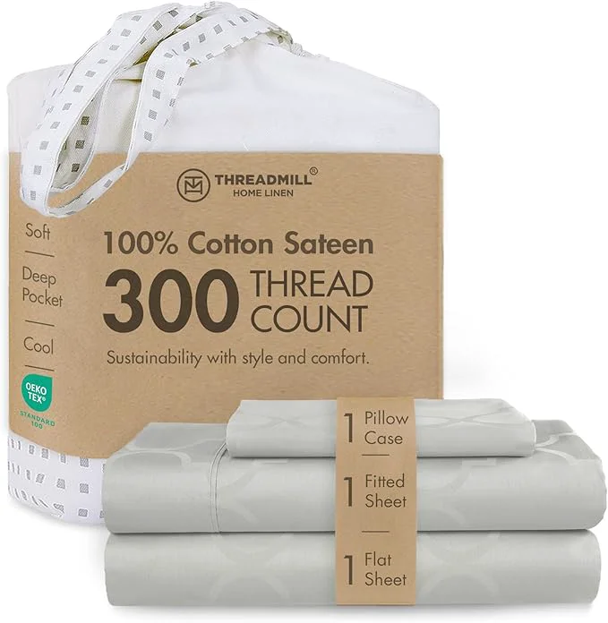 Solid Threadmill Cotton Twin XL Sheet Set Cotton Sheets for Twin XL Size Bed Damask Jacquard Sateen Twin XL Bed Sheets Set with 16 Deep Pocket Soft Breathable 3-Piece Cooling Sheets Light Grey Dependable