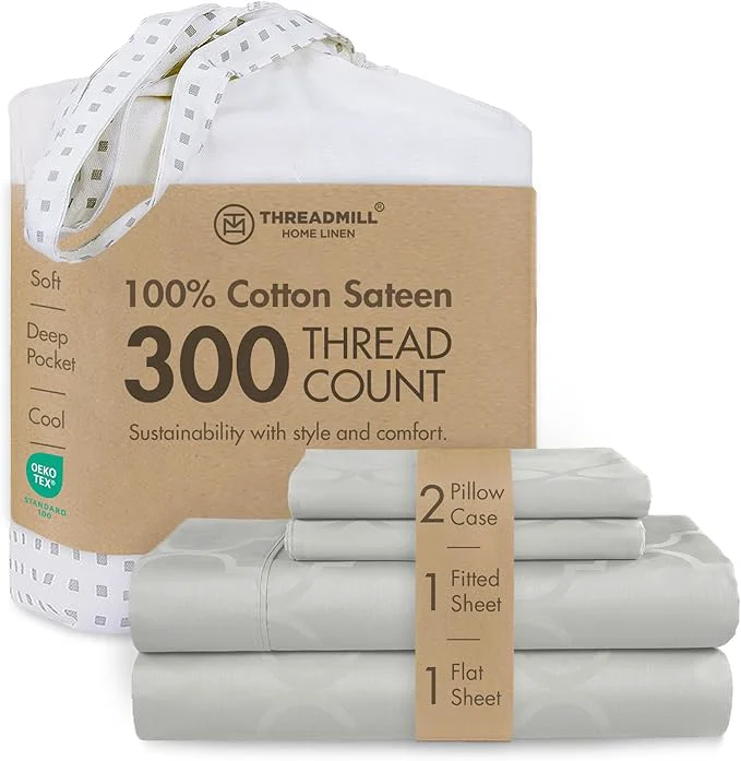 Safe Threadmill Cotton Sheets for King Size Bed 4 Pc King Bed Sheets Set Soft Breathable Lightweight Damask Sateen for All-Season Use Snug Fit Elastic Deep Pocket King Sheets Light Grey Green
