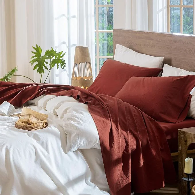 Smart MooMee Bedding Sheet Set Washed Cotton Linen Like Textured Breathable Durable Soft Comfy Solid Fired Brick Red Queen High-Performance
