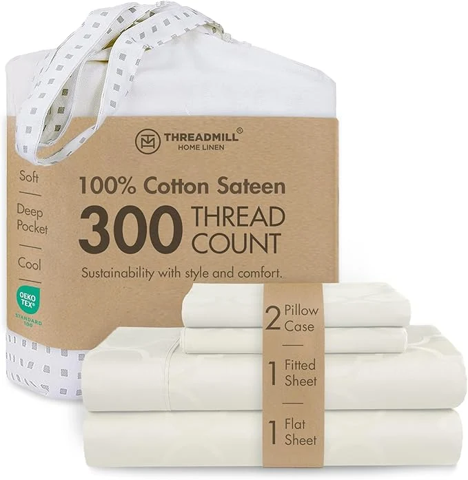 Exceptional Threadmill Cotton Queen Sheet Set – Cotton Damask Jacquard Sheets With 16 quot Deep Pocket – Soft Sateen Weave 4-Piece Cooling Bedding for Queen Size Bed – Ivory Smooth