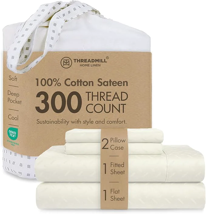 Carefully Designed Threadmill Cotton Sheets for King Size Bed 4 Pc King Bed Sheets Set Soft Breathable Lightweight Damask Sateen for All-Season Use Snug Fit Elastic Deep Pocket King Sheets Ivory First-Class