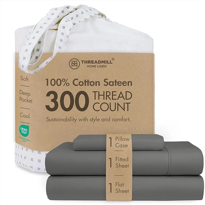 Safe Threadmill Cotton Twin Sheet Set Cotton Sheets for Twin Size Bed Solid Sateen Twin Bed Sheets Set with 16 Deep Pocket Soft Breathable 3-Piece Cooling Sheet Set Dark Grey Trusted