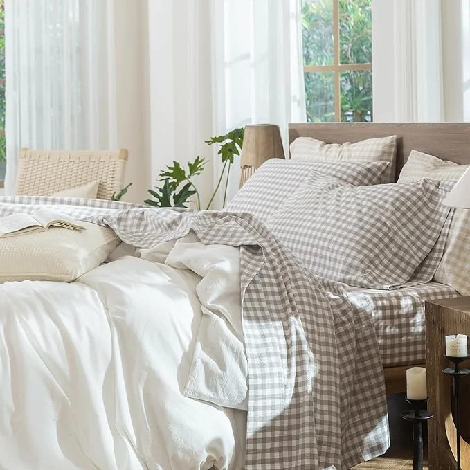 Trendy MooMee Gingham Sheet Set Washed Cotton Linen Like Textured Breathable Soft w Fully Elasticized 16-19 quot Deep Pocket Classic Gingham Tannish Linen Grey King Proven