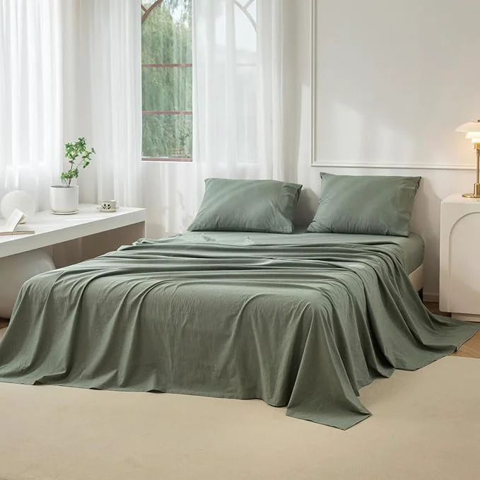 Enhanced JIYUAN Full Size Sheet Set 4-Piece – Washed Cotton Linen-Like Soft amp Breathable Includes Deep Pocket Fitted amp Flat Sheet with 2 Pillowcases Hotel Quality Heathered Green Safe