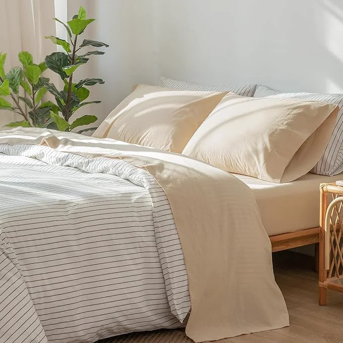 Detailed MooMee Bedding Sheet Set Washed Cotton Linen Like Textured Breathable Durable Soft Comfy Solid Sandy Beige Queen Enhanced