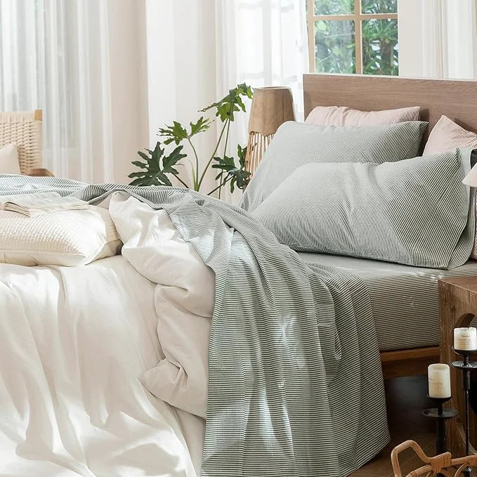 Trusted MooMee Striped Sheet Set Washed Cotton Linen Like Textured Breathable Durable Soft Comfy Heathered Green Pinstripes Queen Eco-Friendly