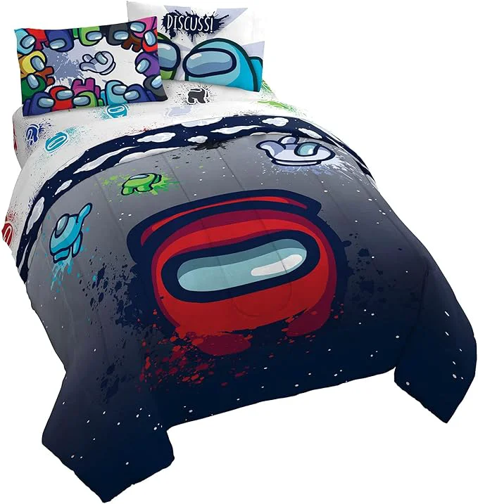 Secure Jay Franco Among Us Space Splatter 5 Piece Queen Size Bed Set-Comforter amp Sheet Set-Soft Fade Resistant Microfiber Among Us Product Classic