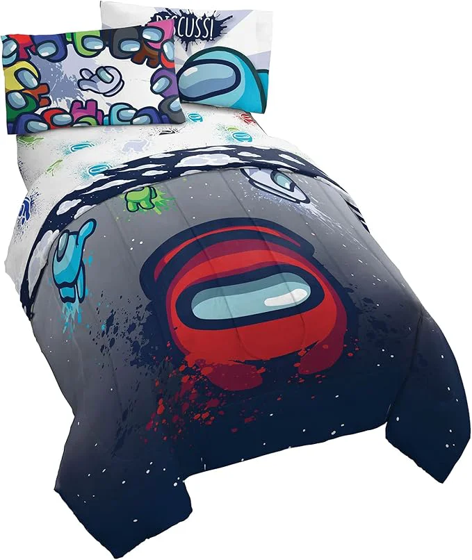 Original Design Jay Franco Among Us Space Splatter 4 Piece Twin Size Bed Set – Includes Comforter amp Sheet Set – Super Soft Fade Resistant Microfiber Among Us Product High-End