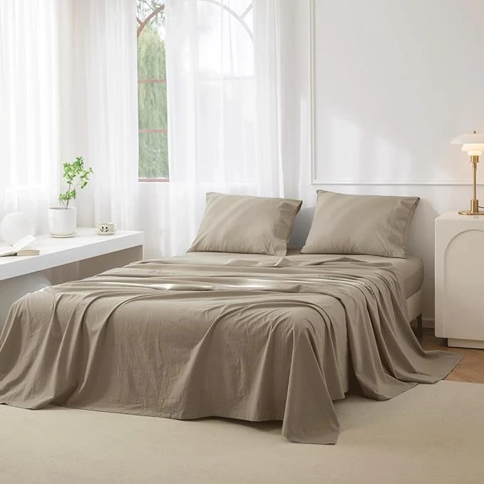 Trendy JIYUAN Full Size Sheet Set 4-Piece – Washed Cotton Linen-Like Soft amp Breathable Includes Deep Pocket Fitted amp Flat Sheet with 2 Pillowcases Hotel Quality Solid Khaki Carefully Designed