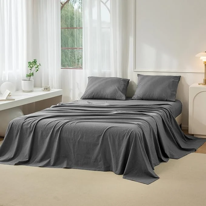 Selected JIYUAN King Size Sheet Set 4-Piece – Washed Cotton Linen-Like Soft amp Breathable Includes Deep Pocket Fitted amp Flat Sheet with 2 Pillowcases Hotel Quality Heathered Dark Grey Smooth