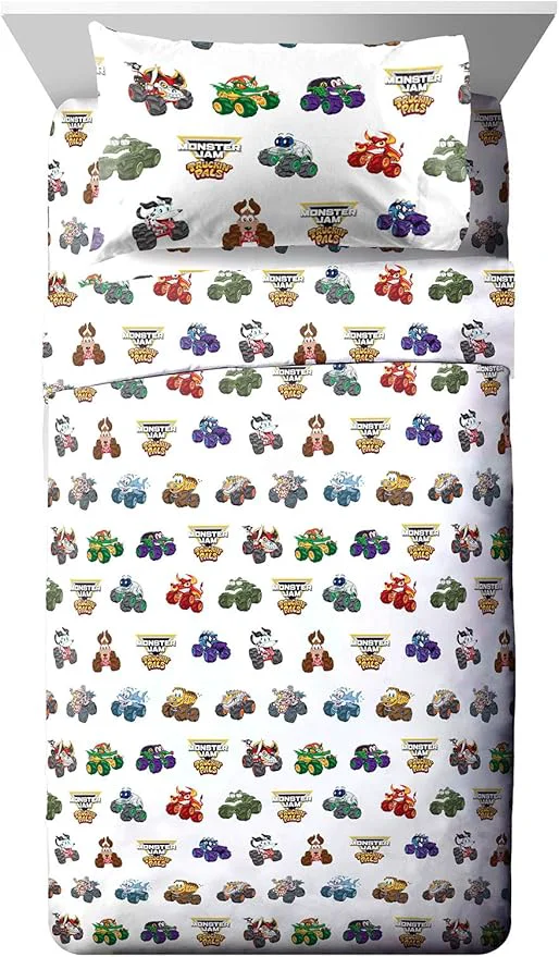 Durable Jay Franco Kids Sheet Set with Fitted Flat Sheets amp Pillow Cover – Ultra-Soft Bedding with Pillowcase for Room Decor White – Monster Jam 3 Piece Toddler Selected