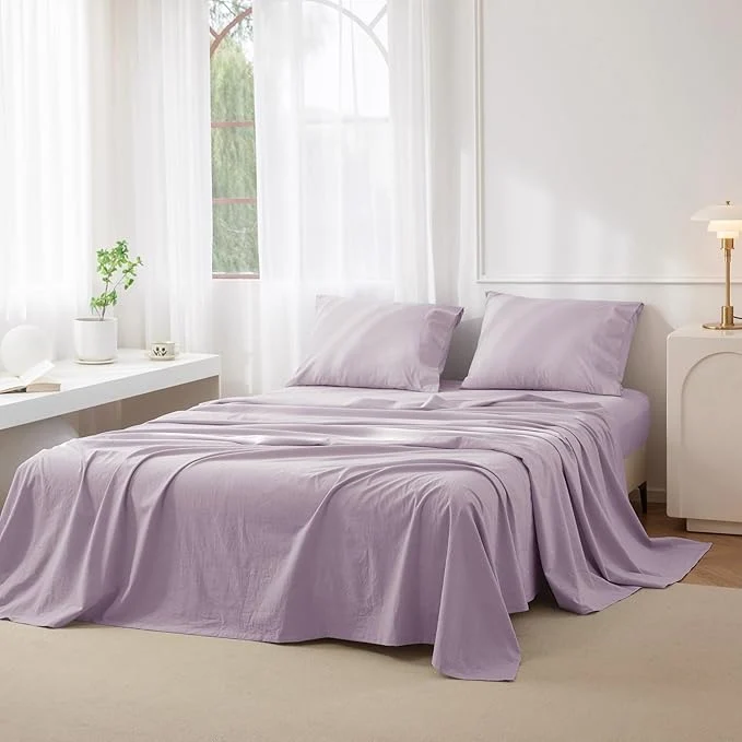 Solid JIYUAN Full Size Sheet Set 4-Piece – Washed Cotton Linen-Like Soft amp Breathable Includes Deep Pocket Fitted amp Flat Sheet with 2 Pillowcases Hotel Quality Heathered Light Purple Clean