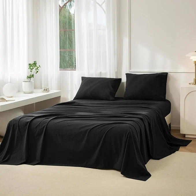Sustainable JIYUAN King Size Sheet Set 4-Piece – Washed Cotton Linen-Like Soft amp Breathable Includes Deep Pocket Fitted amp Flat Sheet with 2 Pillowcases Hotel Quality Solid Black First-Class