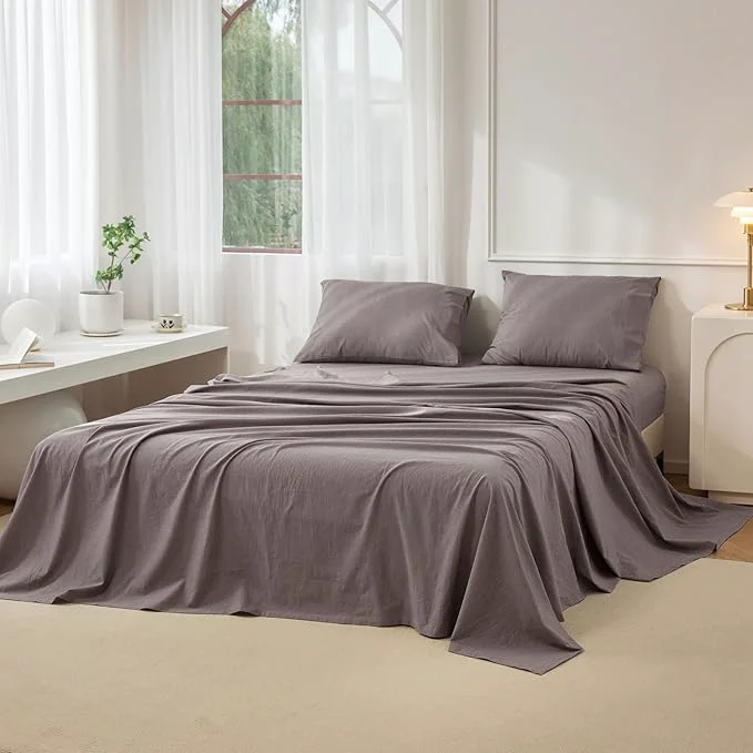 Certified JIYUAN Twin Size Sheet Set 3-Piece – Washed Cotton Linen-Like Soft amp Breathable Includes Deep Pocket Fitted amp Flat Sheet with 1 Pillowcases Hotel Quality Heathered Mauve Brown Elite