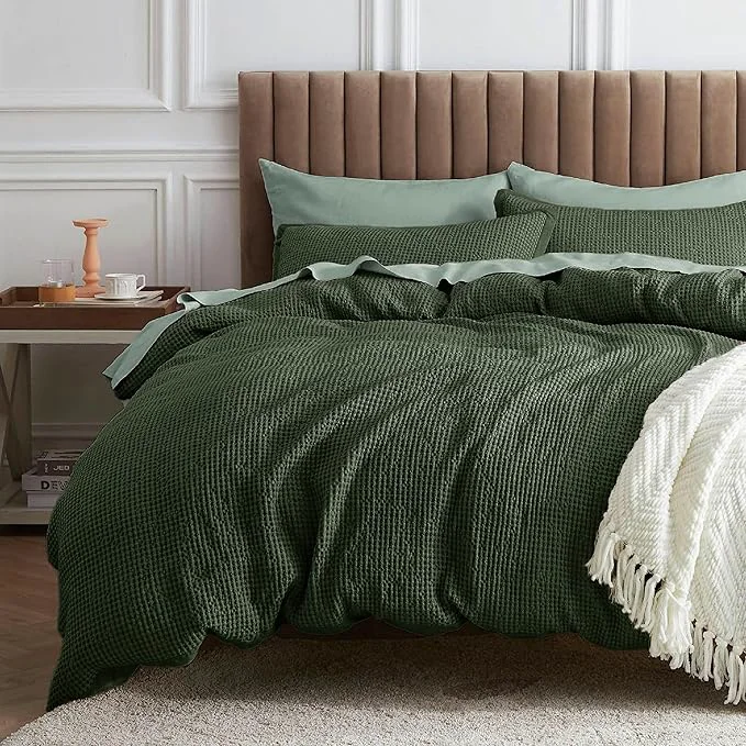 Sustainable Bedsure Waffle Comforter Set Queen Olive Green Soft Bedding Waffle Weave Bed Set 3 Pieces 1 Comforter 90 quot x90 quot and 2 Pillow Shams Cotton Shell and Polyester Lining for All Seasons User-Friendly