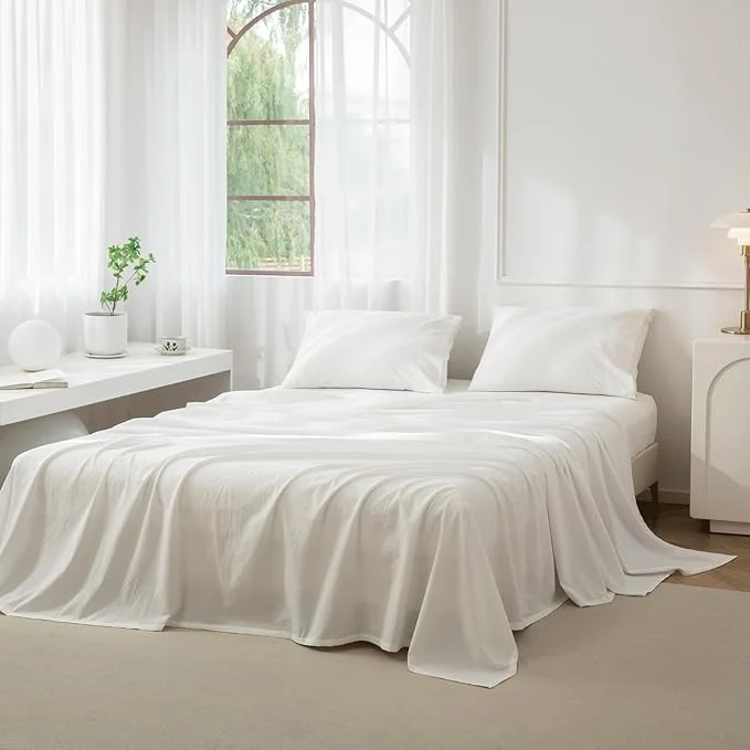 Clean JIYUAN California King Size Sheet Set 4-Piece – Washed Cotton Linen-Like Soft amp Breathable Includes Deep Pocket Fitted amp Flat Sheet with 2 Pillowcases Hotel Quality Solid Off White Smart