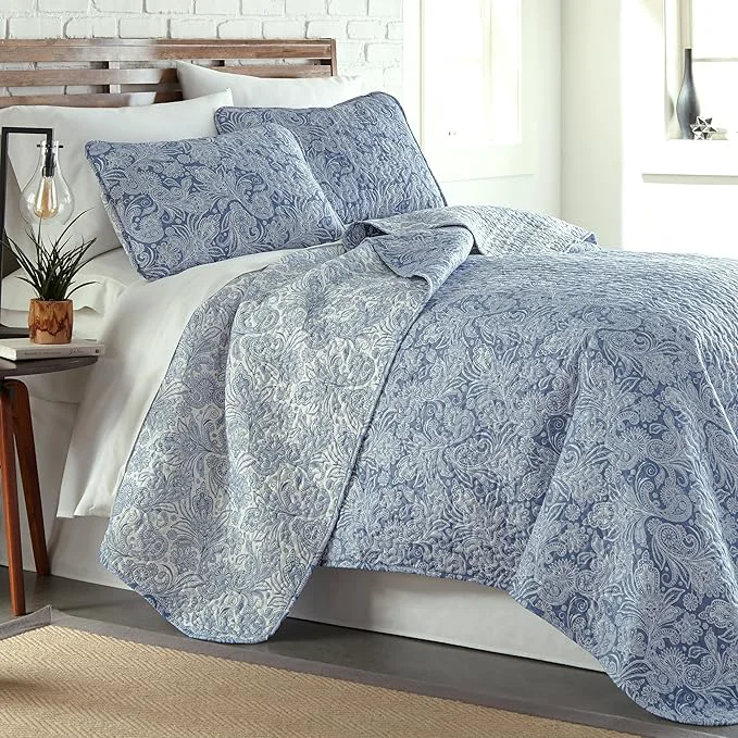Original Southshore Fine Living Inc. Extra Large King Size Quilts Paisley Quilt Blue and White Bedspread 3-Piece Bohemian Bedding Set with Two Matching Shams California King Reversible Blue Trendy