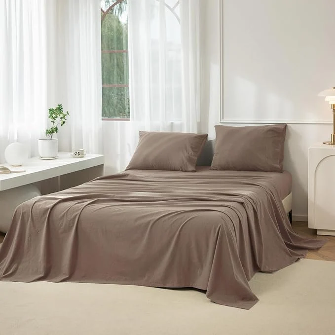 Official JIYUAN Full Size Sheet Set 4-Piece - Washed Cotton Linen-Like Soft amp Breathable Includes Deep Pocket Fitted amp Flat Sheet with 2 Pillowcases Hotel Quality Solid Light Brown Premium Material