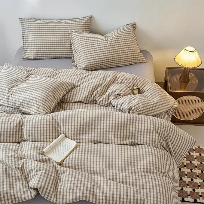 Quality LifeTB Grey Gingham Duvet Cover Full Size 3 Pieces Grey Beige Grid Duvet Cover Washed Cotton Plaid Checkered Comforter Cover Luxury Soft Breathable Farmhouse Gingham Bedding Set Full Crafted