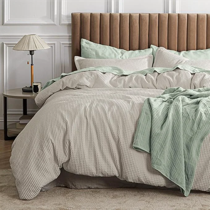 Reusable Bedsure Waffle Comforter Set King Linen Soft Bedding Waffle Weave Bed Set 3 Pieces 1 Comforter 104 quot x90 quot and 2 Pillow Shams Cotton Shell and Polyester Lining for All Seasons Artisan