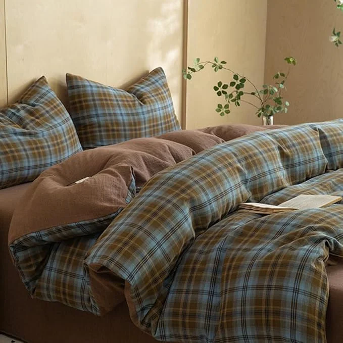 Consistent LifeTB Vintage Blue amp Brown Plaid Duvet Cover Twin Cotton Muslin Grid Checkered Plaid Bedding Set Breathable Soft Linen Like Gauze Comforter Cover Farmhouse Gingham Duvet Cover with Zipper Closure Quality