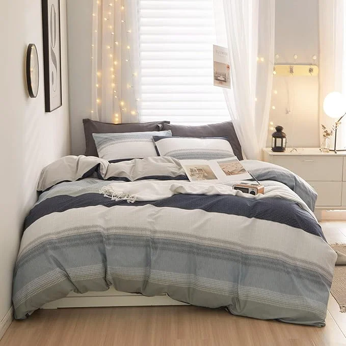 Original Design LifeTB Cotton Twin XL Duvet Cover Gray Blue White Striped Duvet Cover Modern Soft Geometric Striped Bedding Set for Men Boy Teen Simple Style Comfy Striped Comforter Cover with Zipper Closure Healthy