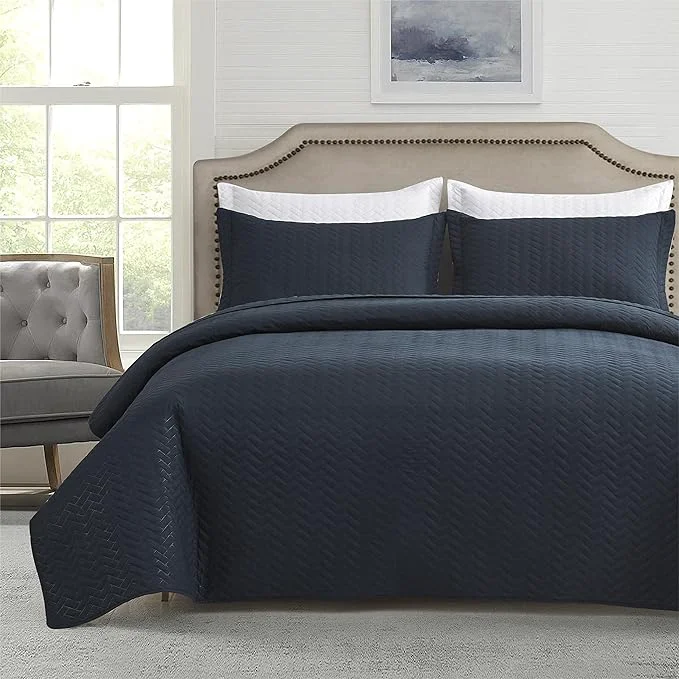 Durable Maple amp Stone Quilt Set Queen Size Lightweight Navy Bedspread Ultrasonic Chevron Pattern Light Coverlet for All Season Comforter Bedding Decor – 3 Piece Full Bed Cover Sets Detailed