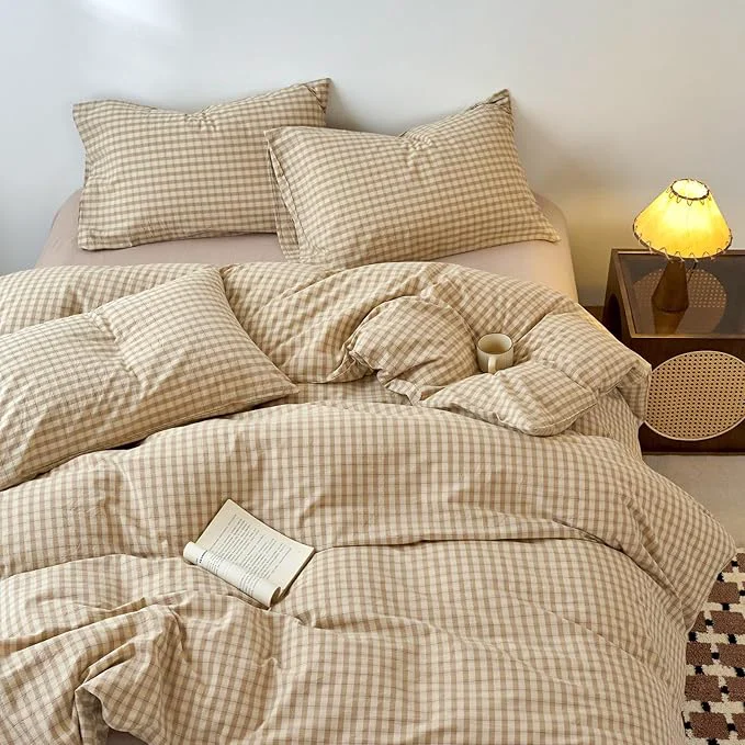 Quality LifeTB Brown Gingham Duvet Cover Set Queen Beige Tan Plaid Checkered Duvet Cover Soft Breathable 3 Pieces Grid Bedding Set Washed Cotton Tan Gingham Comforter Cover with 2 Pillowcases Refined