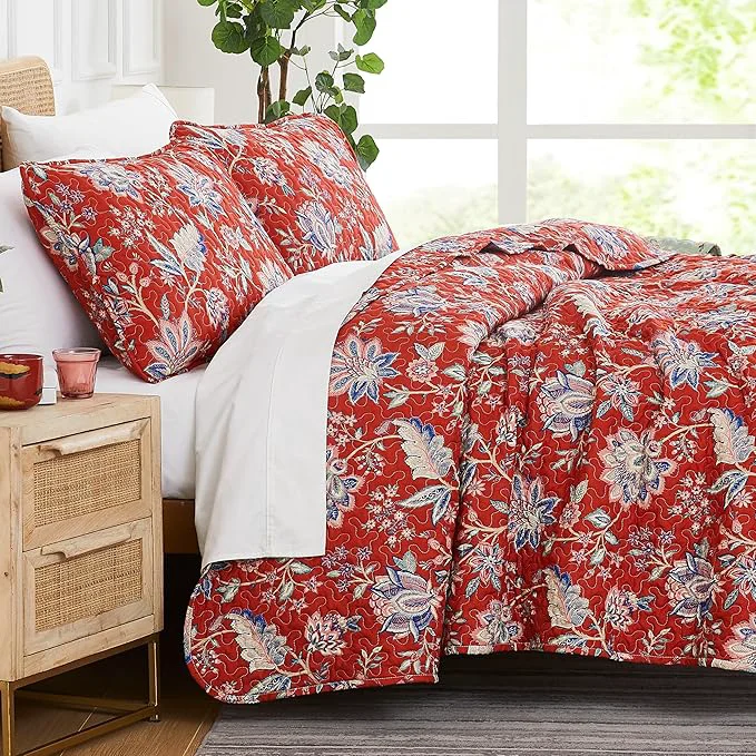 Smart Southshore Fine Living Inc. Oversized Full Queen Quilt Bedding Set Jacobean Willow Floral Quilt Set Queen or Full Size with 2 Matching Pillow Shams Lightweight Bedspread Soft and Cozy Red Fast