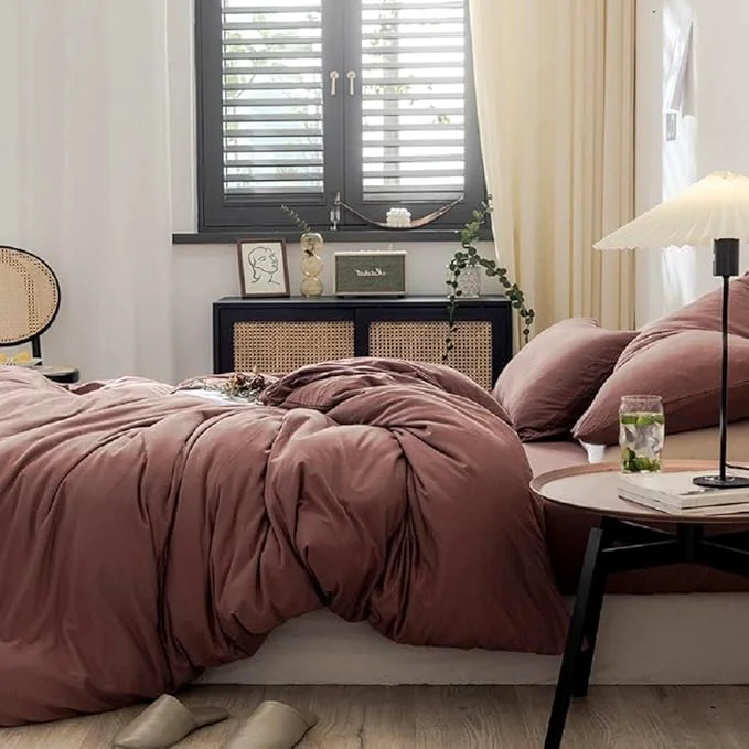 Sustainable LifeTB Brick Red Duvet Cover Queen Size Soft Jersey Knit Cotton Bedding Set Minimalist Clay Rust Red Comforter Cover 3 Pieces Solid Color Bedding Knitted Cotton Duvet Cover with 2 Pillowcases Organic