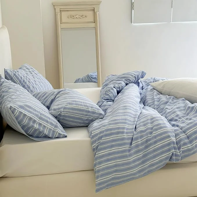 Expertly Made LifeTB Blue Striped Duvet Cover Twin XL Washed Cotton Blue White Stripes Pattern Printed Bedding Set 3 Pieces Breathable Comforter Cover with 2 Pillowcases Soft Farmhouse Striped Bedding Set Secure
