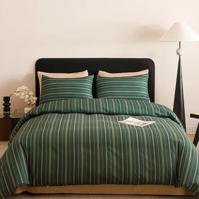 Stylish CLOTHKNOW Green Striped Full Size Comforter Set Farmhouse Bedding Comforter Sets Hunter Green Comforter Boho Soft with 2 x Pillow Cases Luxury