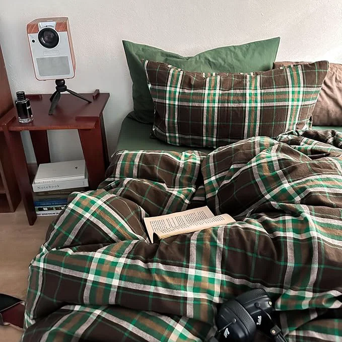 Solid LifeTB Vintage Buffalo Plaid Duvet Cover King Washed Cotton Brown amp Green Checked Duvet Cover Set Modern Plaid 3 Piece Grid Bedding Set Super Soft Breathable Comforter Cover with Zipper Closure World-Class