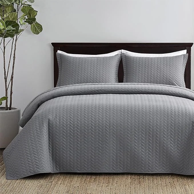 Organic Maple amp Stone Quilt Set King Size Lightweight Grey Bedspread Ultrasonic Chevron Pattern Light Coverlet for All Season Comforter Bedding Decor – 3 Piece King Bed Cover Sets Advanced