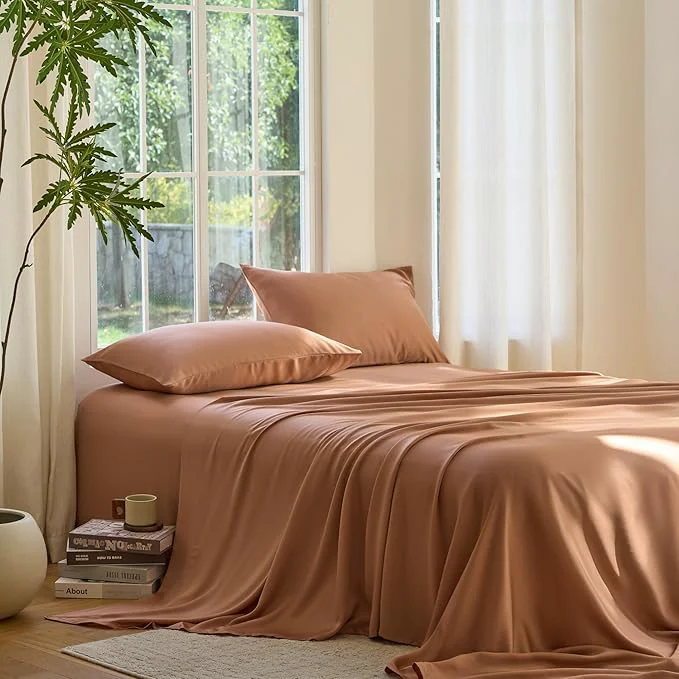 Fine Crafted DOZ Sheet Set Viscose derived from Bamboo Organically Grown Buttery Soft Cooling Sheets High GSM Deep Pockets – 2 Piece – 1 Pillowcase 1 Fitted Sheet Clay Twin Sustainable