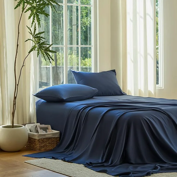 Traditional DOZ Sheet Set Viscose derived from Bamboo Organically Grown Buttery Soft Cooling Sheets High GSM Deep Pockets – 4 Piece – 2 Pillowcases 1 Fitted 1 Top Sheet Sapphire Queen Professional
