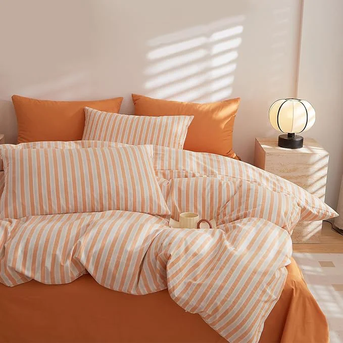 Exclusive Striped Duvet Cover Set Twin Washed Cotton Striped Bedding Set 3 Pieces White Orange Stripes Pattern Geometric Printed Comforter Cover Durable Soft Breathable Duvet Cover with Zipper Closure Convenient