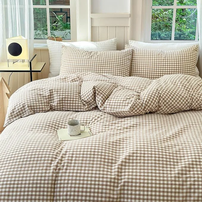 Smooth Tan Plaid Gingham Duvet Cover King 3 Pieces Checkered Grid Duvet Cover Washed Cotton Beige Plaid Comforter Cover with Zipper Closure 2 Pillowcases Luxury Soft Gingham Bedding Set Breathable Refined