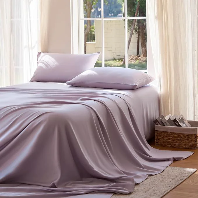 Breathable DOZ Sheet Set Viscose derived from Bamboo Organically Grown Buttery Soft Cooling Sheets High GSM Deep Pockets – 4 Piece – 2 Pillowcases 1 Fitted 1 Top Sheet Lavender Cal King Artisan