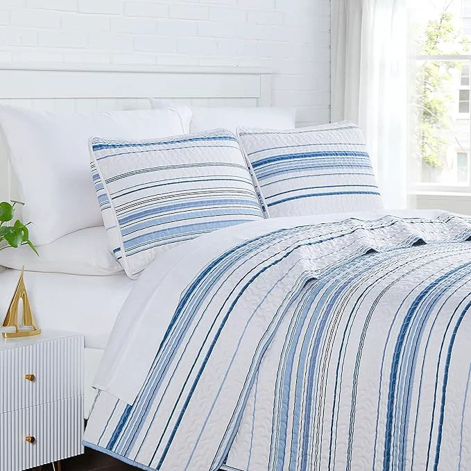 Exceptional Southshore Fine Living Inc. Oversized Queen Quilt Set Striped Blue White Quilt Bedspread Queen Full 3-Piece Coastal Bedding Set with Lightweight Coverlet and Matching Quilted Shams Blue Stripes Consistent