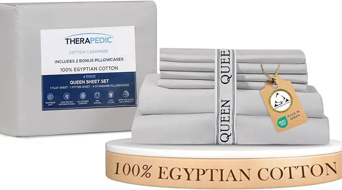 Versatile Therapedic Egyptian Cotton Queen 6-Piece Sheet Set – Naturally Cooling amp Breathable Sateen Preshrunk Garment Wash 16 quot Deep Pocket Fitted Sheet Bonus Pillowcases Soft amp Durable – Dove Expertly Made