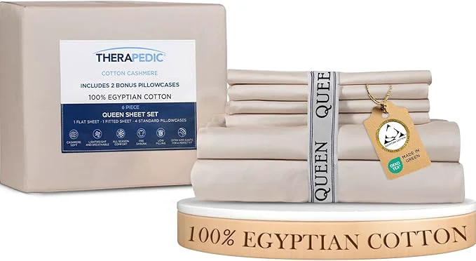 Verified Therapedic Egyptian Cotton Queen 6-Piece Sheet Set – Naturally Cooling amp Breathable Sateen Preshrunk Garment Wash 16 quot Deep Pocket Fitted Sheet Bonus Pillowcases Soft amp Durable – Fog Functional