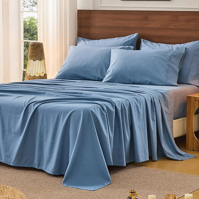 Bedlifes French Pure Linen Sheets King Size Breathable and Cooling Flax Sheet Set Soft Durable and Moisture Wicking 16 Inch Deep Pocket-4 Piece King Flint Blue Luxury