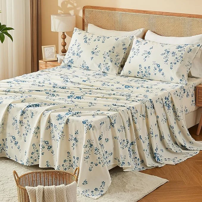 Unique Bedlifes French Linen Sheets Queen Size – Floral Printed Botanical Pattern Breathable Cooling Sheet Set 16 quot Deep Pocket 4-Piece Queen Floral Blue Dependable