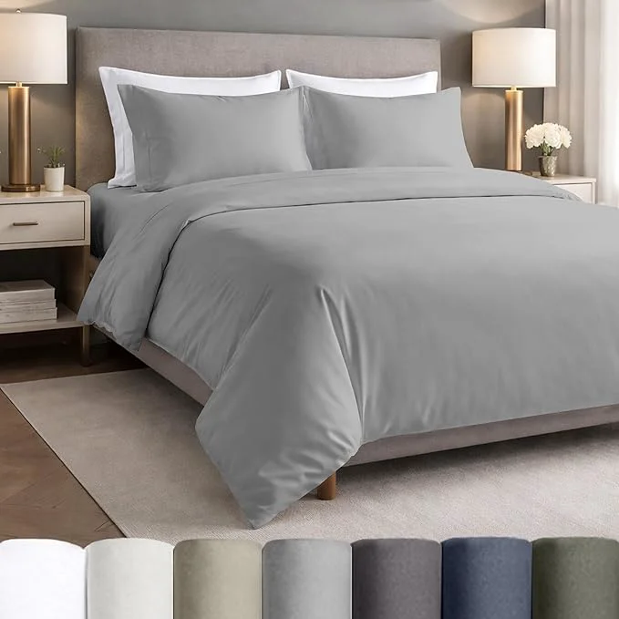 Reusable California Design Den Deep Pocket Full Size Sheets Set – Egyptian Cotton Percale Sheets Lightweight Crisp Durable Luxury Bedding Set – Light Grey Practical