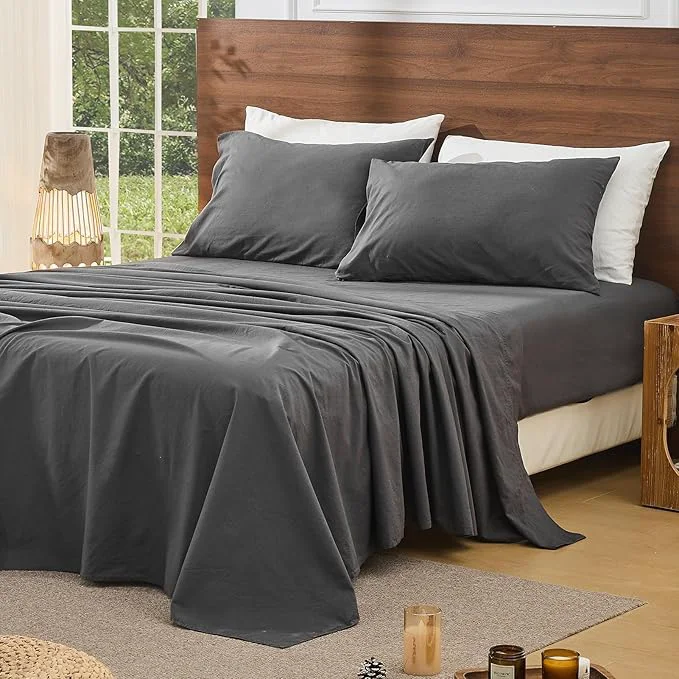Functional Bedlifes French Pure Linen Sheets California King Size Breathable and Cooling Flax Sheet Set Soft Durable and Moisture Wicking 16 Inch Deep Pocket-4 Piece Cal King Dark Grey Dependable