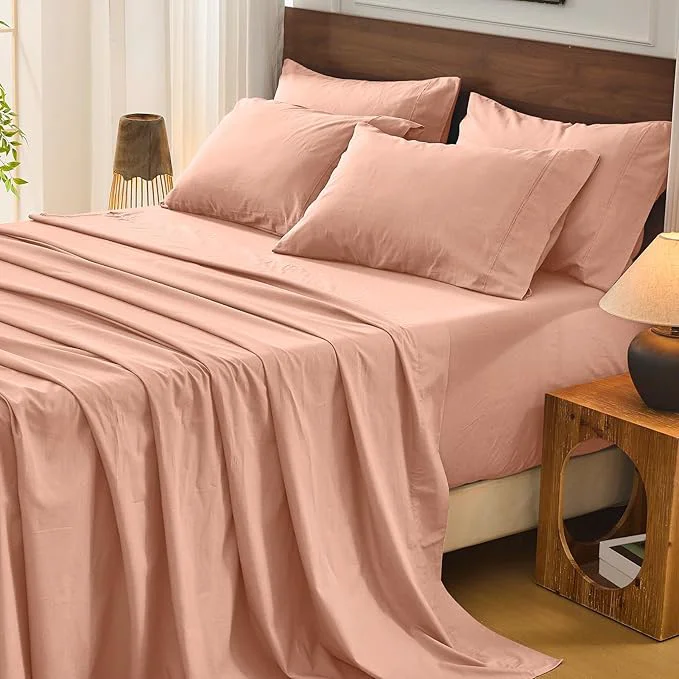 Smooth Bedlifes French Flax Linen Sheets Set California King Size-6 Piece Extra Deep Pocket 18-24 quot Soft Breathable Cal King Bed Sheets with Temperature Regulating amp Moisture-Wicking Blush Pink Responsible