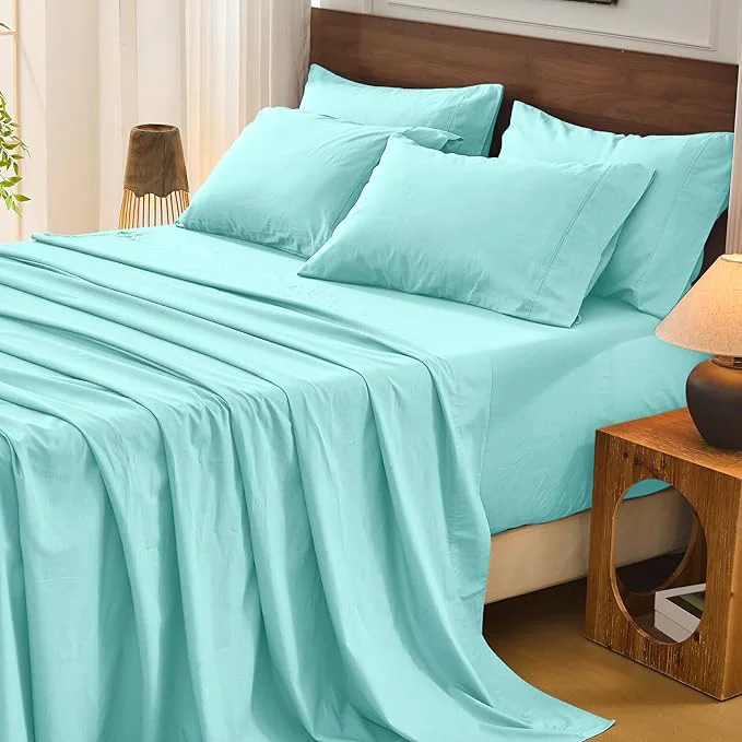 Sustainable Bedlifes French Flax Linen Sheets Set Queen Size – 6 Piece Extra Deep Pocket 18-24 quot Soft Breathable Queen Bed Sheets with Temperature Regulating amp Moisture-Wicking Teal Original