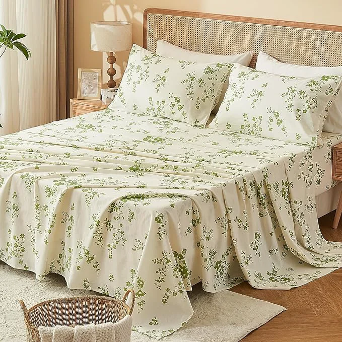 Clean Bedlifes French Linen Sheets King Size – Floral Printed Botanical Pattern Breathable Cooling Sheet Set 16 quot Deep Pocket 4-Piece King Floral Green Healthy